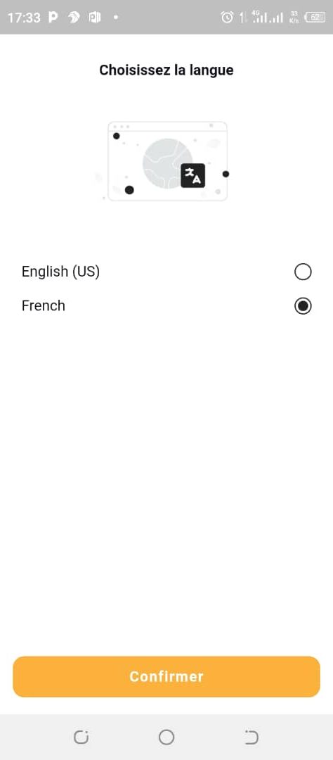 Chauffeur Step 1Bienvenue sur l application QUICKY chauffeur: Choisissez votre langue de préférence et confirmez