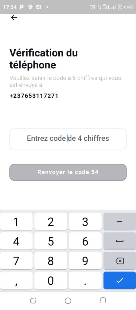 Client Step 3You will instantly receive a message on your mobile number containing a code that you enter in the "enter code" space of the application.
