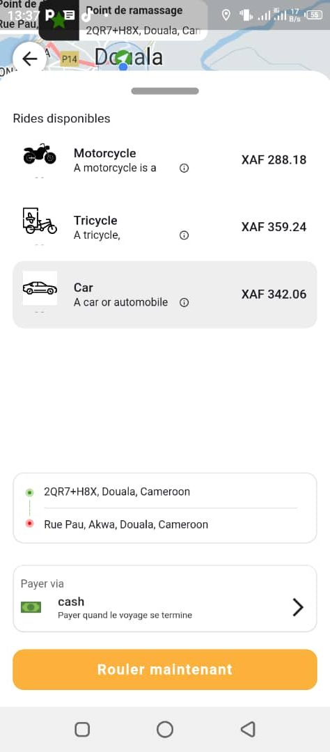 Client Step 9Choisissez votre moyen de déplacement : voiture, moto où tricycle. Ensuite vous choisissez parmi les chauffeurs disponibles à proximité et enfin valider votre course.